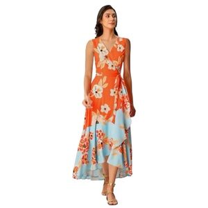 Eshakti Floral Print Crepe Wrap Dress L 12 Midi Sundress Pockets Sleeveless